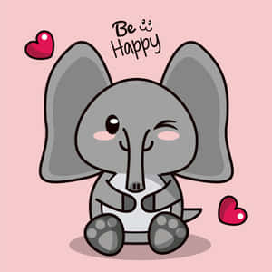一隻微笑的卡通大象，帶有心形和「Be Happy」訊息，背景為粉紅色。