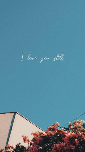 藍天下粉紅色的花朵和建築物，文字「I love you still」