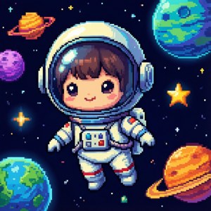 一個微笑的兒童太空人，在像素風格的太空場景中漂浮在色彩繽紛的行星和星星之間。