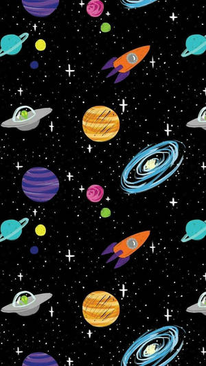 黑色背景上帶有行星、火箭和星系的彩色卡通太空場景。