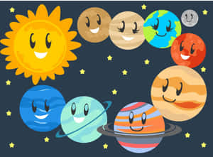 快樂的卡通太陽和行星在星空中有臉孔。