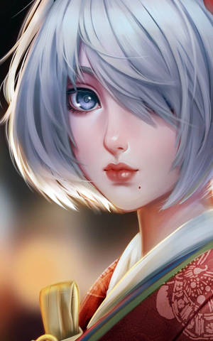 銀髮藍眼動漫女孩穿著和服握著劍柄。 — 可愛動漫女仔 壁紙