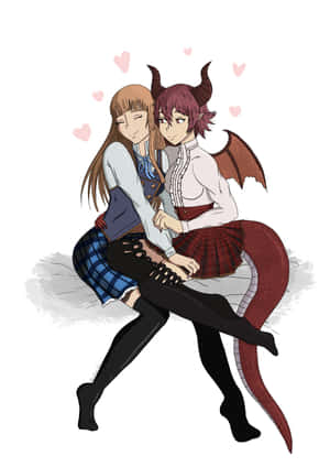 動漫惡魔女孩擁抱一個人類女孩，心形在他們周圍漂浮。 — Oppo Pad 5 Pro 壁紙