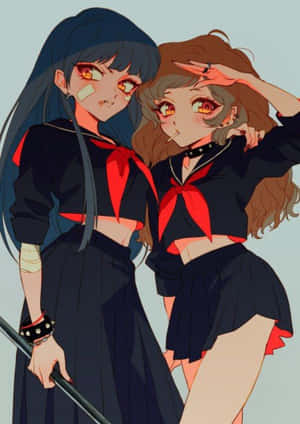 兩個身穿黑色水手服、帶紅色點綴的動漫女孩自信地擺姿勢。 — 動漫女同性戀 壁紙