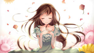 長髮動漫女孩在飄浮的玫瑰花瓣和花朵中微笑。 — 可愛動漫女仔 壁紙