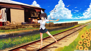 動漫女孩在海邊車站的向日葵和海鷗附近的鐵軌上保持平衡。