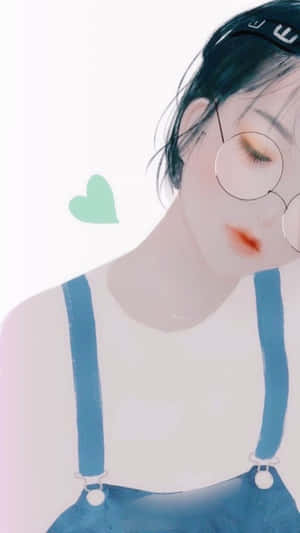 身穿藍色工裝褲、戴圓框眼鏡的動漫女孩和飄浮的心形。