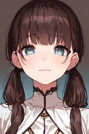 動漫女孩，棕色雙馬尾，藍色眼睛，穿著白色蕾絲領襯衫。 — 美學女孩 壁紙
