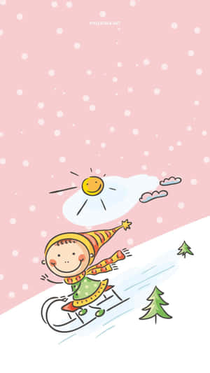 孩子坐雪橇滑下雪坡，有微笑太陽和飄雪