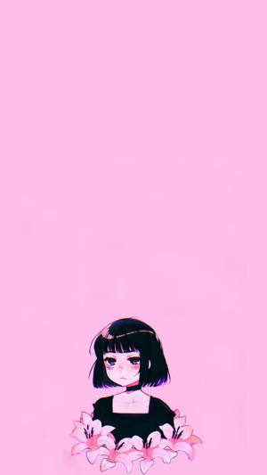 短黑髮的動漫女孩在粉紅背景前拿著粉紅百合。
