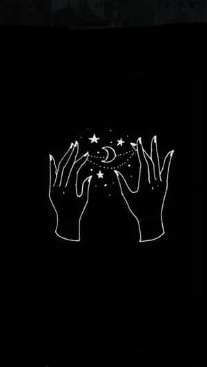 在極簡插圖中，手捧著新月和星星。