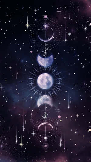 描繪月相在繁星宇宙夜空中發光的天體藝術作品。