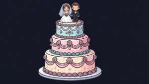 一個卡通風格的結婚蛋糕，頂部有新娘和新郎公仔。
