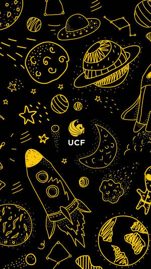 黑色背景上的黃色線條太空物體和UCF標誌