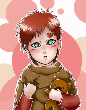 紅髮綠眼的動漫男孩在粉彩泡泡背景中抱著泰迪熊。