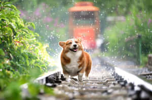 一隻快樂的哥基犬在雨林中濕漉漉的火車軌道上奔跑。