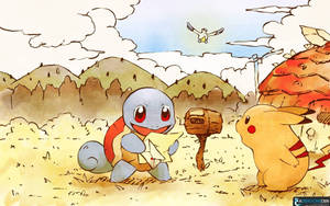 Squirtle 和 Pikachu 在草地上手持木槌，背景有山脈和一隻鳥在頭頂飛翔。 — 可愛寵物小精靈 壁紙