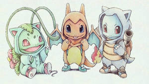 三隻着住連帽衫同波鞋嘅Pokémon一齊微笑。 — 可愛寵物小精靈 壁紙