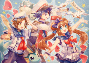動漫角色著水手服，漂浮心形同星星背景。 — 可愛寵物小精靈 壁紙