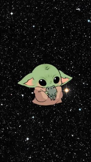 嬰兒尤達喺星空下拎住一隻青蛙。