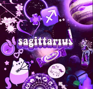 紫色太空主題人馬座壁紙，帶有星座符號和可愛角色。
