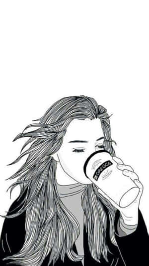 女性在黑白線條藝術中喝咖啡，頭髮被風吹動。