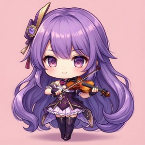 紫色頭髮的Q版動漫女孩在粉紅色背景上拉小提琴