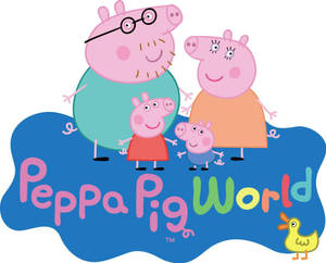 Peppa Pig 家庭卡通角色與一隻黃色鴨子和彩色文字微笑。 — 可愛 壁紙