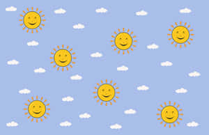 微笑的卡通太陽在藍天白雲中漂浮。