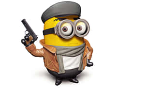 戴着帽、褸和頸巾的黃色卡通Minion手持手槍。