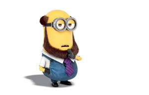 一個黃色卡通Minion，有鬍鬚同護目鏡，着住牛仔工人褲同紫色領呔。