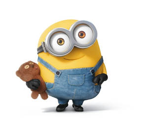 一個黃色卡通Minion抱著一隻棕色泰迪熊。