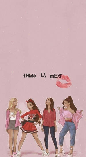 四個穿著粉紅色和紅色服裝的插圖女孩，帶有「tHank U, nExt」文字和唇印。