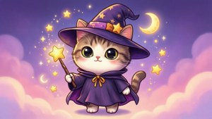 一隻可愛的貓巫師在新月和星星下拿著星杖。 — 萌 壁紙