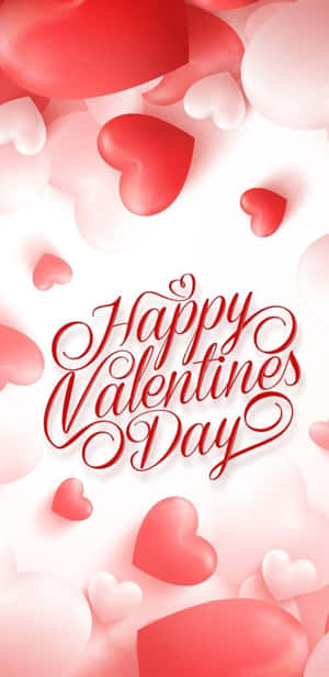 「Happy Valentines Day」文字被飄浮的紅色和白色心形環繞。