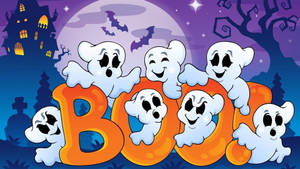 七個微笑的卡通鬼魂在萬聖節場景中依附在「BOO」字上，有鬼屋和蝙蝠。