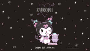 Kuromi 這隻戴著蝴蝶結的黑貓坐在一個毛絨玩具旁邊，背景是星空。