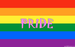 彩虹驕傲旗，帶有粉紅色風格化文字，寫著 PRIDE。
