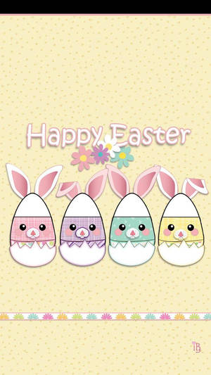 四個卡通復活節兔蛋，帶有圖案臉孔和花朵，位於Happy Easter文字下方。 — 春天 壁紙