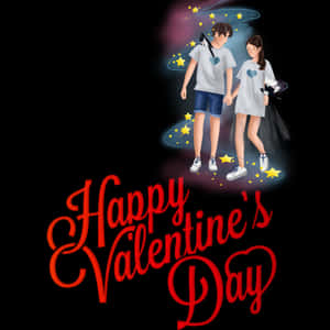 卡通情侶在星空下手牽手，帶有「Happy Valentine's Day」文字。