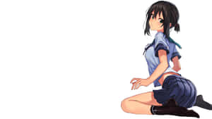 動漫女學生穿著校服跪在白色背景上，表情調皮。 — 可愛動漫女仔 壁紙