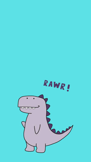 一隻紫色卡通恐龍，面帶微笑，背部有尖刺，說RAWR！