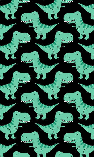 青綠色卡通T-Rex恐龍在黑色背景上重複圖案。