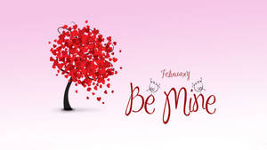 一棵心形樹，帶有紅色心形和'February Be Mine'文字，背景為粉紅色。 — 可愛情人節gif 壁紙