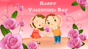 兩個微笑的小孩在粉紅玫瑰中手牽手，帶有「Happy Valentine's Day」文字。 — 可愛情人節gif 壁紙