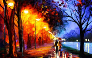 情侶在雨夜街道上撐傘行走，街燈明亮，樹木色彩繽紛。