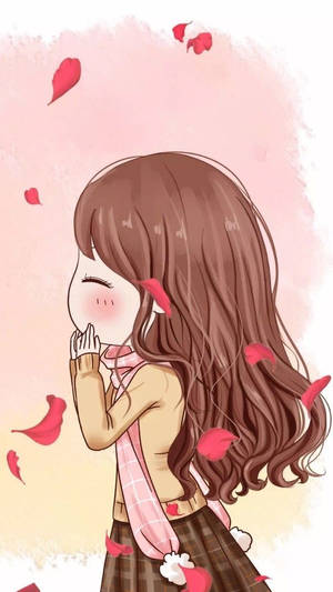 棕色頭髮、戴著粉紅色圍巾的動漫女孩微笑著，玫瑰花瓣在她周圍飄落。 — 動漫女同性戀 壁紙