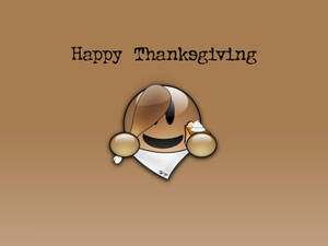 卡通火雞戴頭巾手持南瓜批，附有Happy Thanksgiving文字。