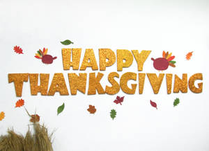 Happy Thanksgiving 標誌，帶有閃爍字母和紙火雞及樹葉。