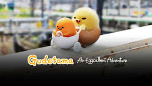 兩個 Gudetama 角色，一個在嬰兒車裡，另一個推著它，在欄杆上。